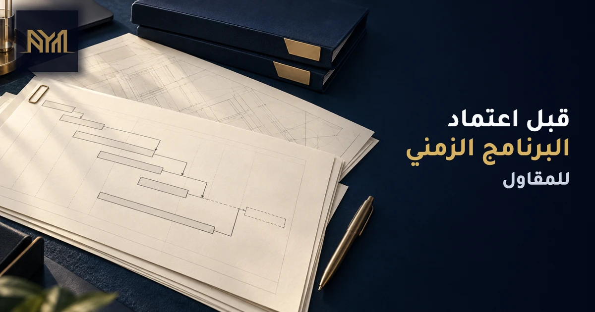 غلاف كحلي وعاجي لوثائق مراجعة على مكتب تخطيط، مع قلم وملفات وخطوط علاقات غير مسماة على الورق، وعنوان «قبل اعتماد البرنامج الزمني للمقاول» وشعار AYM الأصلي. المشهد توضيحي ولا يمثل برنامج مشروع فعليًا أو نتيجة اعتماد.